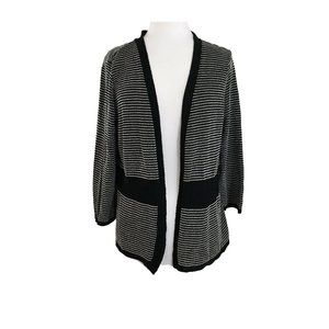 Kim Rogers Medium Black White Stripe Sweater Cardigan Open Front